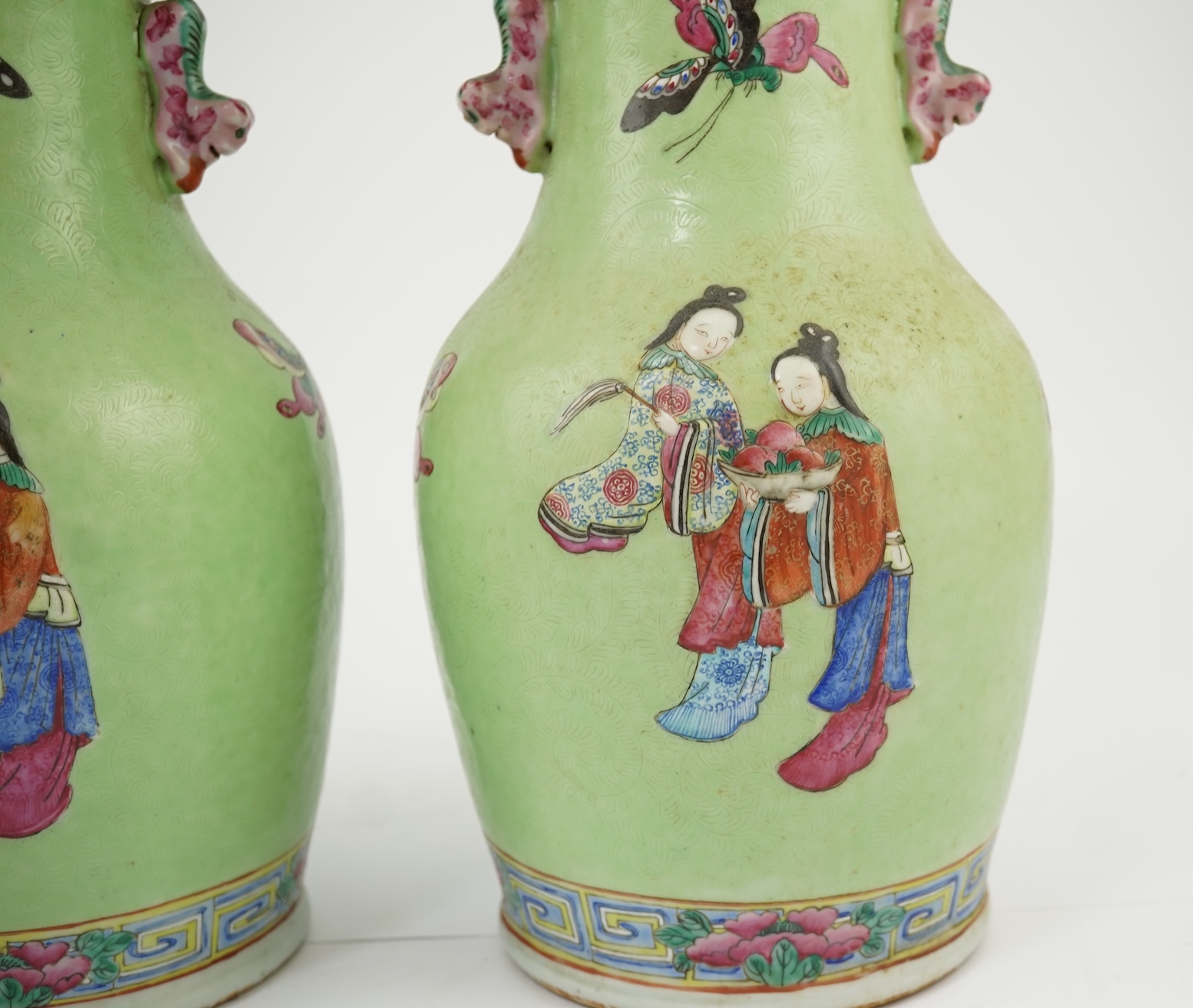 A pair of Chinese lime-green sgraffito ground vases, late 19th century